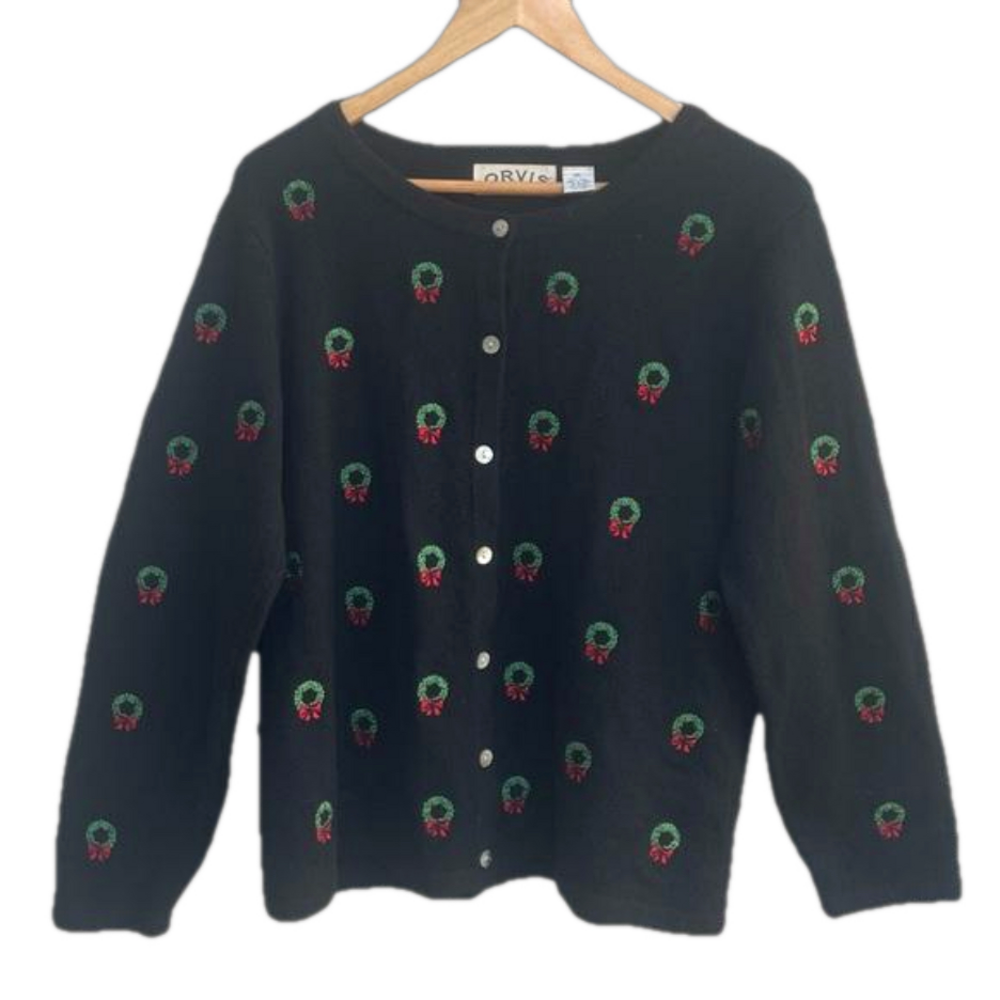 Vintage Orvis Women's Black Wool Christmas Wreath Cardigan Sweater XL